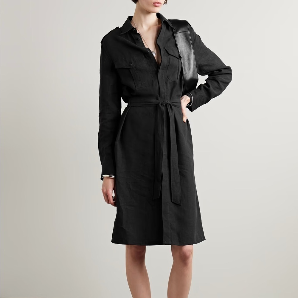 Nili Lotan black Marcia belted linen voile long sleeve shirt dress - XS NWOT